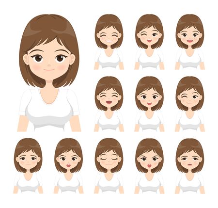 Young woman with different facial expressions. Flat cartoon girl with various emotions isolated on white background. Vector illustration.のイラスト素材