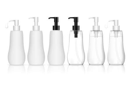 Cosmetic plastic bottle with dispenser pump. Transparent liquid container for gel, lotion, cream, shampoo, bath foam. Beauty product package, vector illustration.のイラスト素材