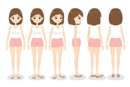 Young woman in white singlet and pink shorts. Front, back, side and 3/4 view, turn around character. Flat cartoon girl. Vector illustration.のイラスト素材