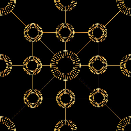 Golden circles and lines on black background seamless patternの写真素材
