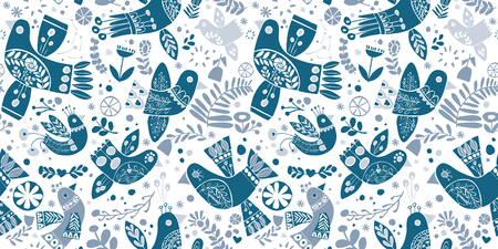 Vector folk christmas blue birds seamless pattern on white background. Ideal for fabric, textiles, print on demand, stationery. Use on Holidays like Christmas and Valentine's day.のイラスト素材