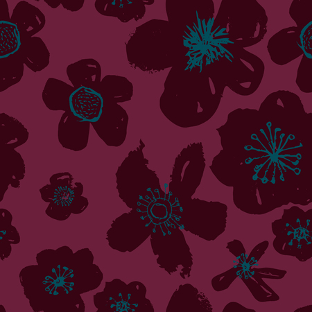 Sophisticated vector pink and burgundy floral seamless pattern background. Sober, festive and fun. Great for backgrounds, wallpapers and textures on invitations, gift wrap and stationery.のイラスト素材