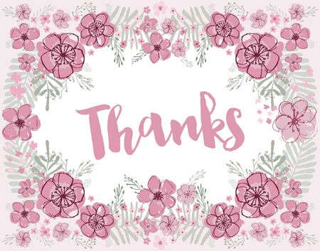 Thanks vector pink and burgundy florals with light aquamarine leaves editable flower wreath on a light pink background.のイラスト素材