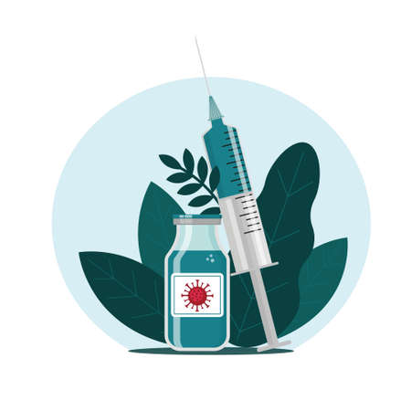 Coronavirus vaccine bottle and syringe with a dose of vaccine. Vaccination concept. Flat vector illustration.のイラスト素材