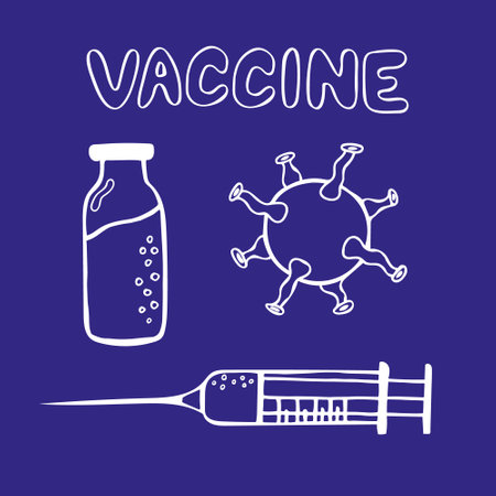 Vaccine doodle set. Hand drawn doodle vector illustration on blue background. Coronavirus vaccination concept collection.のイラスト素材