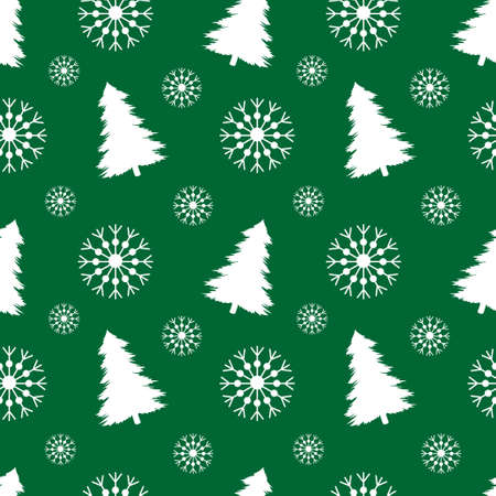 Christmas seamless pattern with white snowflakes and Christmas trees on green background. Wrapping and scrapbook paper, wallpaper, textile, fabric design. Flat vector illustration.のイラスト素材