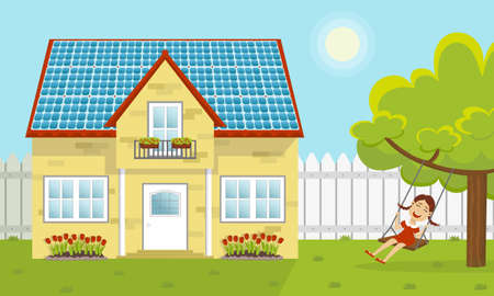 House with photovoltaic panels on its roof and a playing girl. Cottage with solar panels on the roof, garden and playing girl. Green energy concept. Solar power concept. Flat vector illustration.のイラスト素材