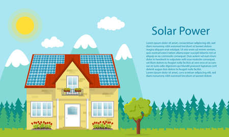 Mountain landscape with a cottage with solar panels on the roof. Banner with a house with photovoltaic panels on its roof. Solar power concept. Horizontal banner template. Flat vector illustration.のイラスト素材