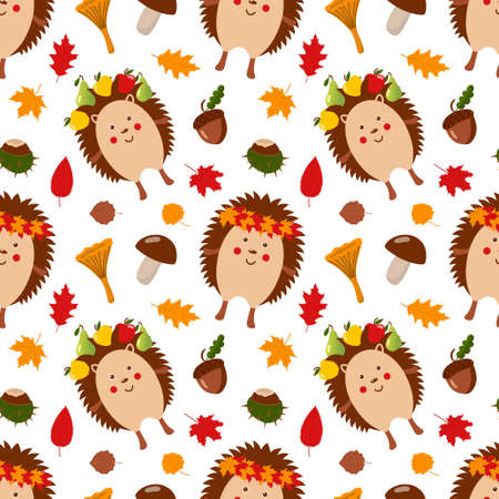 Seamless pattern with cute hedgehogs, mushrooms, chestnuts, acorns and autumn leaves. Flat vector illustration on white backgroundのイラスト素材