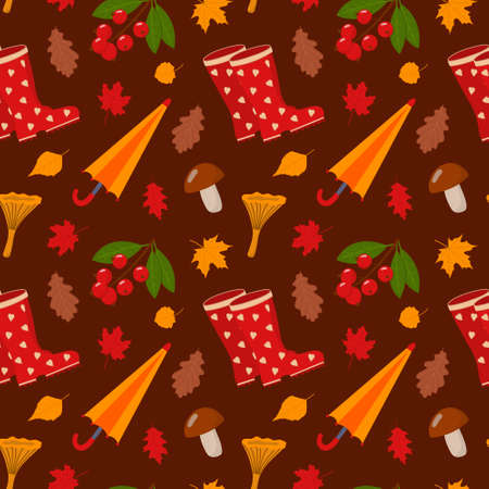 Seamless pattern with red rain boots, yellow umbrella, mushrooms, berries and autumn leaves on brown background. Flat vector illustrationのイラスト素材