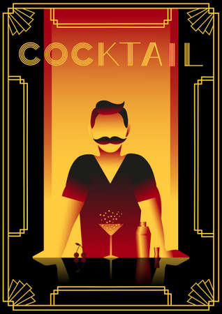 Art deco style poster with barman, sparkling cherry cocktail and cocktail shaker. Vector illustration.のイラスト素材