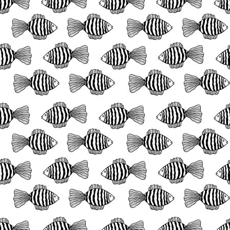 Seamless pattern with fishes. Black and white hand drawn vector illustration. Seamless background. Wallpaper design. Fabric design. Simple vector pattern with cute fishes.のイラスト素材