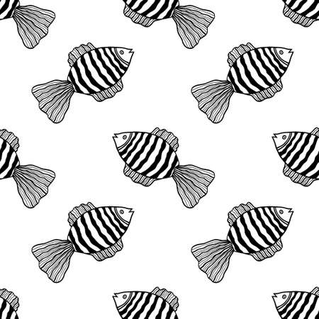 Seamless pattern with fishes. Black and white hand drawn vector illustration. Seamless background. Wallpaper design. Fabric design. Simple vector pattern with cute fishes.のイラスト素材