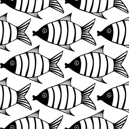 Seamless pattern with fishes. Black and white hand drawn vector illustration. Seamless background. Wallpaper design. Fabric design. Simple vector pattern with cute fishes.のイラスト素材