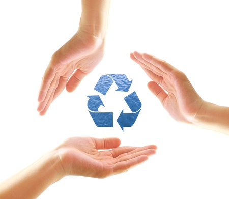 Female hands with recycle shape from water isolated on white 