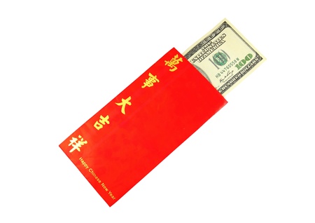 Money Dollar Cash Banknote in Red Envelope isolated on White Backgroundの写真素材