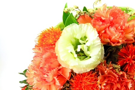 colorful flowers bouquet on white background with copy spaceの写真素材