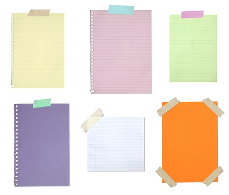 Collection of blank paper stuck with tape isolated on whiteの写真素材