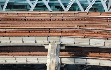 Sky train railway in Bangkok with business building の写真素材