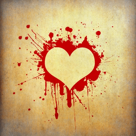 Heart frame of red blood splash on old grunge paperの写真素材