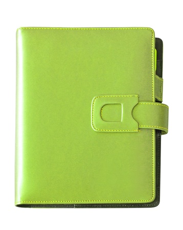 Leather green cover notebook isolated on white backgroundの写真素材