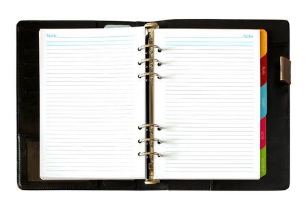 leather open notebook isolated on white backgroundの写真素材