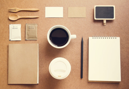 Business and coffee identity branding mockup set with retro filter effectの写真素材