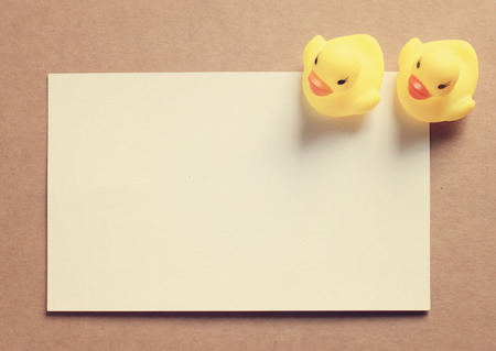 Two doll ducks on blank card with retro filter effectの写真素材