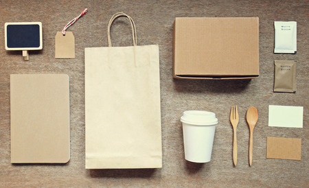Coffee identity branding mockup set top view with retro filter effectの写真素材