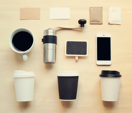 Coffee branding identity mock up set with retro filter effectの写真素材