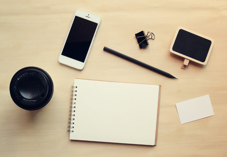 Workspace business mock up set with retro filter effectの写真素材