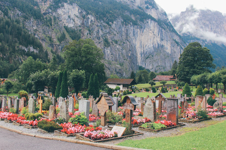 Cemetery in spring garden, Lauterbrunnenの写真素材