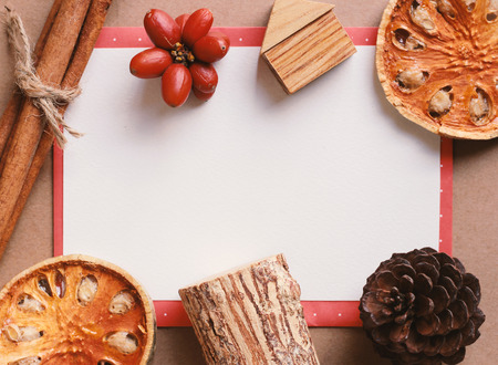 Blank greeting card mock up with craft and ingredient decorationsの写真素材