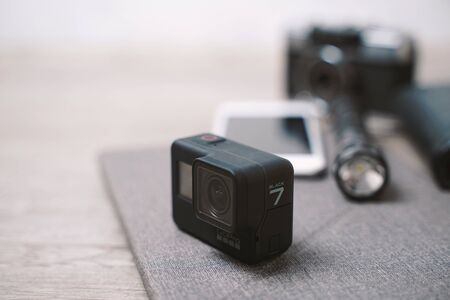 Bangkok, Thailand - October 8, 2018 : New GoPro Hero 7 Black action camera with travel accessories...