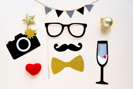 Cute party props accessories on colorful background, happy new year party celebration and holiday conceptの写真素材