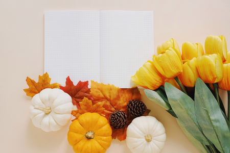 Flat lay of autumn harvest concept, flower and pumpkins with blank notebook on yellow background, halloween and thanksgiving conceptの写真素材