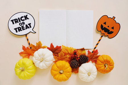 Flat lay of halloween props for party with pumpkins and blank notebook, holiday conceptの写真素材