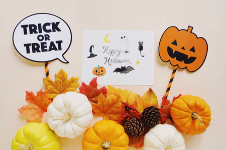 Flat lay of halloween props for party with pumpkins and halloween greeting card, holiday conceptの写真素材