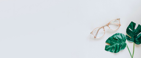 Eyeglasses and green palm leaves on grey background, minmal style with spring concept, copyspace and banner style for textの写真素材