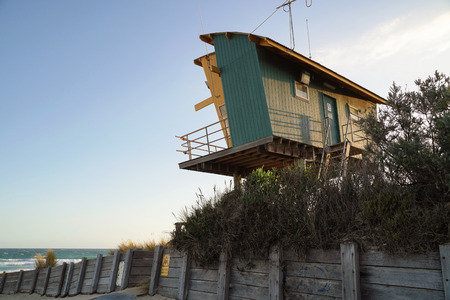 View of Lakes entrance beach and lifeguard rescue station in Victoria, Australiaの写真素材