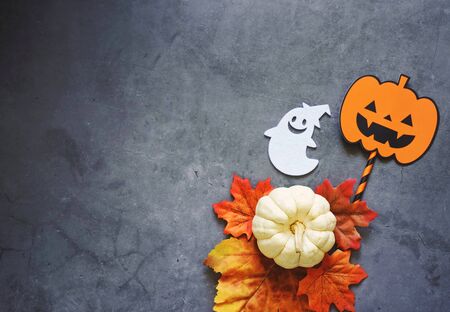 Flat lay of halloween prop for decoration and party on dark stone backgroundの写真素材