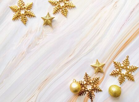 Flat lay of Christmas ornaments for decorating with on marble background with copy space, holiday and celebration conceptの写真素材