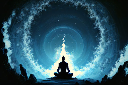 Abstract digital art meditation enlightenment background, illustration design, mindful and spiritual conceptの写真素材