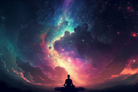 Abstract silhouette of man with universe meditation enlightenment background, illustration design, mindful and spiritual conceptの写真素材
