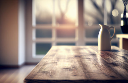 Abstract empty wooden desk table with copy space over interior modern kitchen room and window blurred background, display for product montageの写真素材