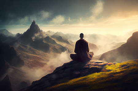 Abstract digital art of monk meditation enlightenment background, illustration design, mindful and spiritual conceptの写真素材