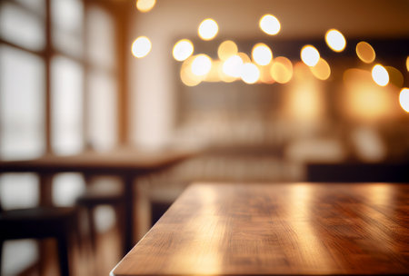 Abstract empty wooden desk table with copy space over interior cafe and restaurant with blurred background, display for product montageの写真素材