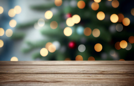Abstract empty wooden desk table with copy space over christmas tree decorated blurred background, display for product montageの写真素材