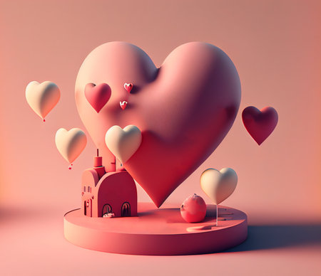 Happy valentines day stage podium decoration with heart shape mock up product display, Generative Aiの写真素材