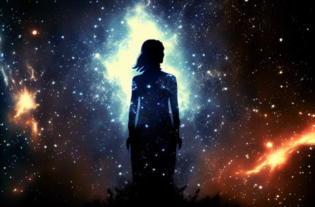 Abstract of silhouette person meditation enlightenment universe background, wisdom of light, mindful and spiritual concept, Generative Aiの写真素材